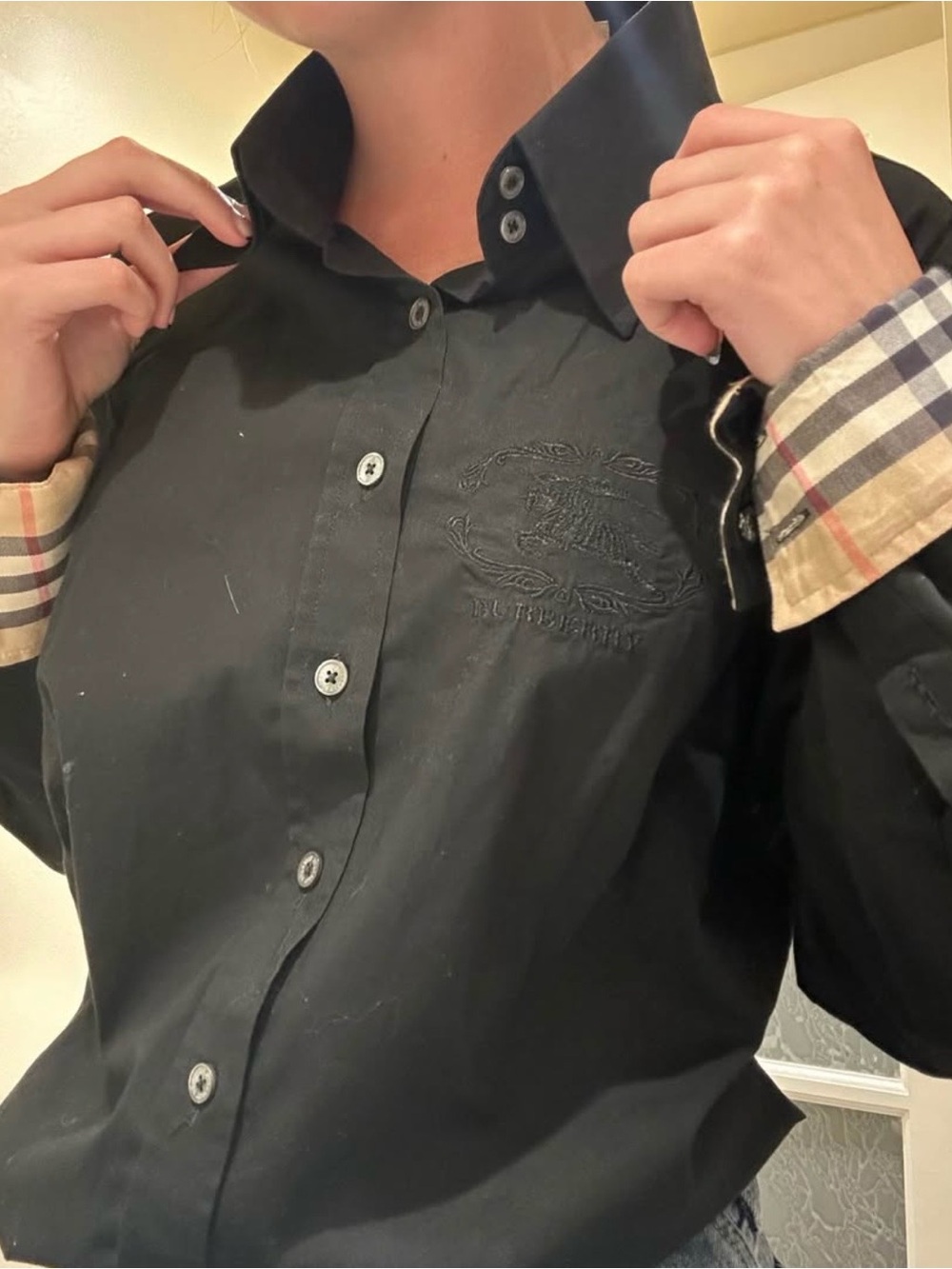Burberry Black Button-Down Shirt with Signature Check Cuffs